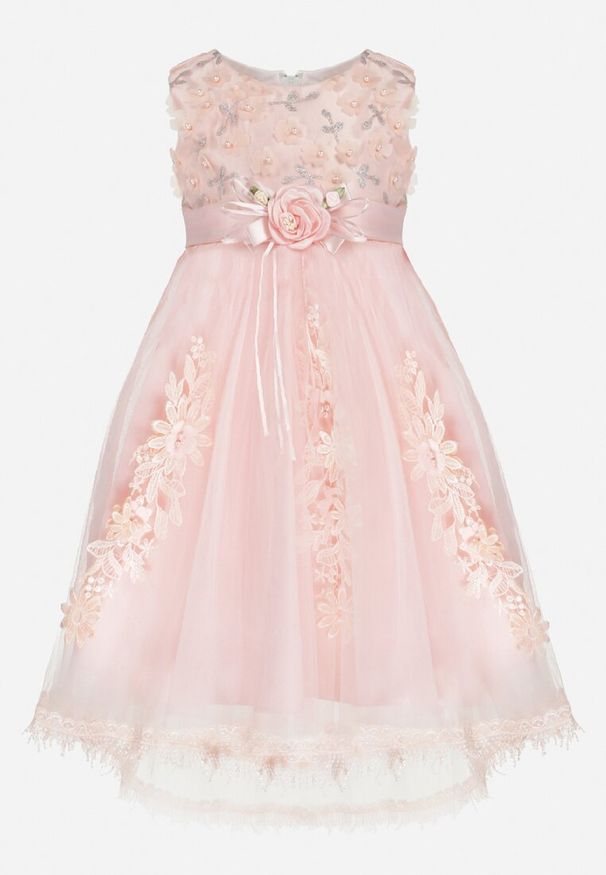 Born2be - Jasnoróżowa Elegancka Sukienka z Wiązanym Paskiem i Motywem Róż z Tiulowym Dołem Adenie. Kolor: różowy. Materiał: tiul. Długość rękawa: bez rękawów. Wzór: haft, aplikacja, koronka. Typ sukienki: rozkloszowane. Styl: elegancki