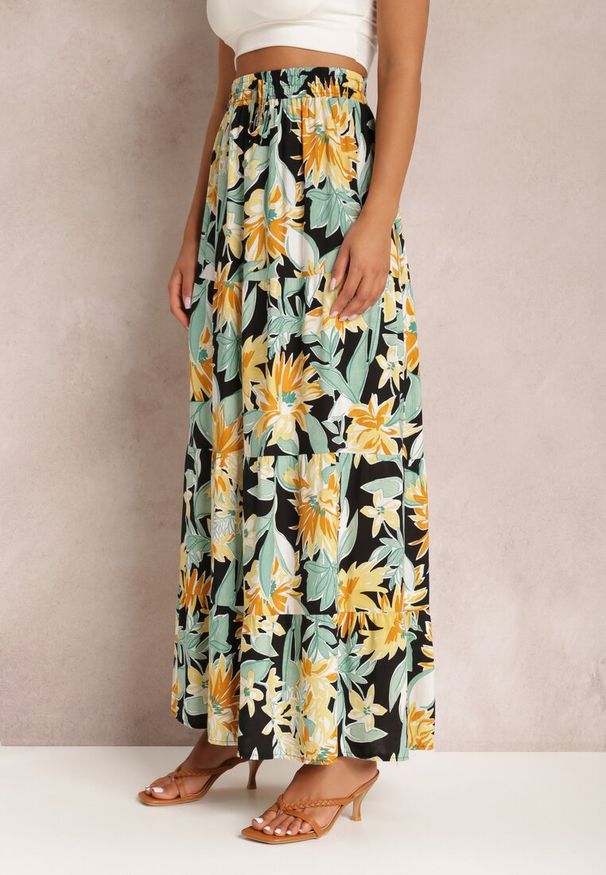 Renee - Czarno-Żółta Spódnica Rozwyn. Kolor: czarny. Materiał: guma, bawełna. Wzór: kwiaty, nadruk, gładki