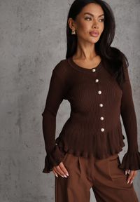 Renee - Brązowy Wiskozowy Kardigan w Prążki z Falbankami i Guzikami z Cyrkoniami Danareia. Okazja: na co dzień, na imprezę. Typ kołnierza: kołnierz z falbankami. Kolor: brązowy. Materiał: wiskoza. Wzór: prążki. Styl: casual #3