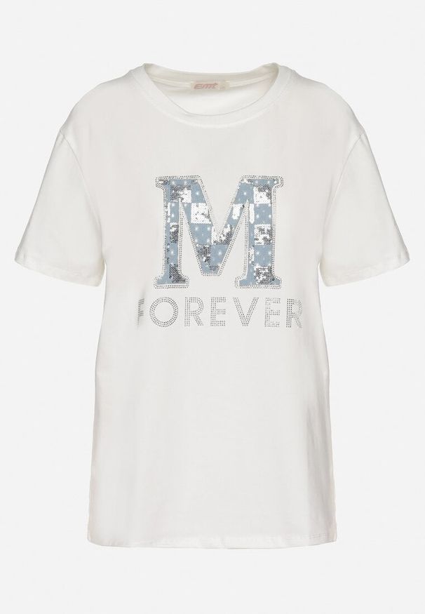 Born2be - Biały T-shirt z Bawełny Ozdobiony Napisem i Cyrkoniami Olireth. Okazja: na co dzień. Kolor: biały. Materiał: bawełna. Wzór: napisy, aplikacja. Styl: elegancki, casual