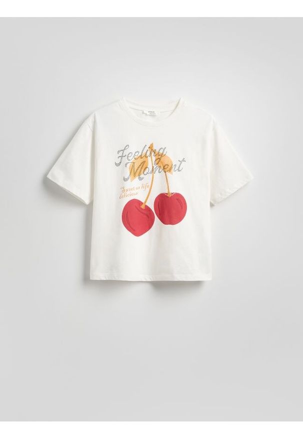 Reserved - T-shirt oversize z aplikacjami - złamana biel. Materiał: bawełna. Wzór: aplikacja