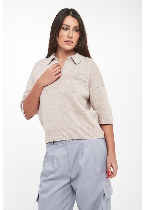 Sweter damski wełniany z kołnierzem polo PESERICO. Typ kołnierza: polo. Materiał: wełna