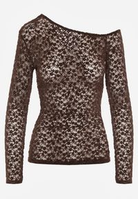 Born2be - Brązowa Koronkowa Bluzka z Długim Rękawem i Asymetrycznym Dekoltem Liwedara. Okazja: na co dzień. Kolor: brązowy. Materiał: koronka. Długość rękawa: długi rękaw. Długość: długie. Styl: klasyczny, casual, elegancki #6
