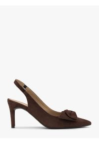Ryłko - Welurowe czółenka typu slingback z kokardą. Kolor: brązowy. Materiał: welur, skóra. Szerokość cholewki: normalna. Obcas: na obcasie. Styl: street. Wysokość obcasa: średni