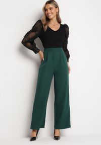 Born2be - Ciemnozielone Eleganckie Spodnie z Szerokimi Nogawkami Kahinuni. Kolor: zielony. Materiał: tkanina. Wzór: gładki. Styl: elegancki #4