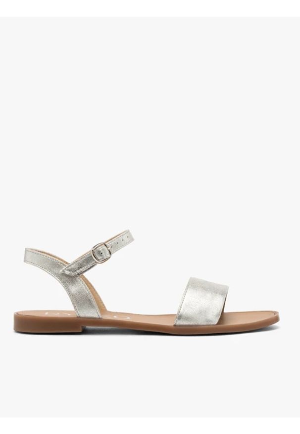 Ryłko - Srebrne sandały damskie płaskie. Nosek buta: okrągły. Zapięcie: sprzączka. Kolor: srebrny. Materiał: syntetyk. Sezon: lato. Obcas: na obcasie. Styl: street