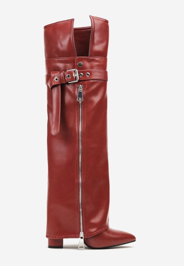 Born2be - Bordowe Kozaki Typu Kowbojki na Obcasie z Wywiniętą Cholewką i Suwakiem Fiovra. Okazja: na co dzień. Kolor: czerwony. Materiał: jeans, skóra. Szerokość cholewki: normalna. Obcas: na obcasie. Styl: casual, elegancki. Wysokość obcasa: średni