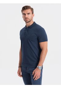 Ombre Clothing - T-shirt męski polo z ozdobnymi guzikami - ciemnoniebieska V8 S1744 - XXL. Typ kołnierza: polo. Kolor: niebieski. Materiał: dzianina, bawełna