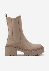 Renee - Ciemnobeżowe Botki Typu Sztyblety na Platformie Fesurela. Okazja: na co dzień. Kolor: beżowy. Materiał: jeans. Obcas: na platformie. Styl: casual #4