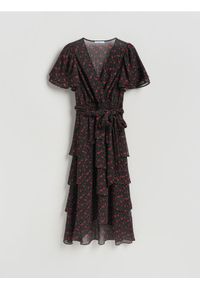 Reserved - Wzorzysta sukienka midi - czarny. Kolor: czarny. Materiał: tkanina. Długość: midi #1