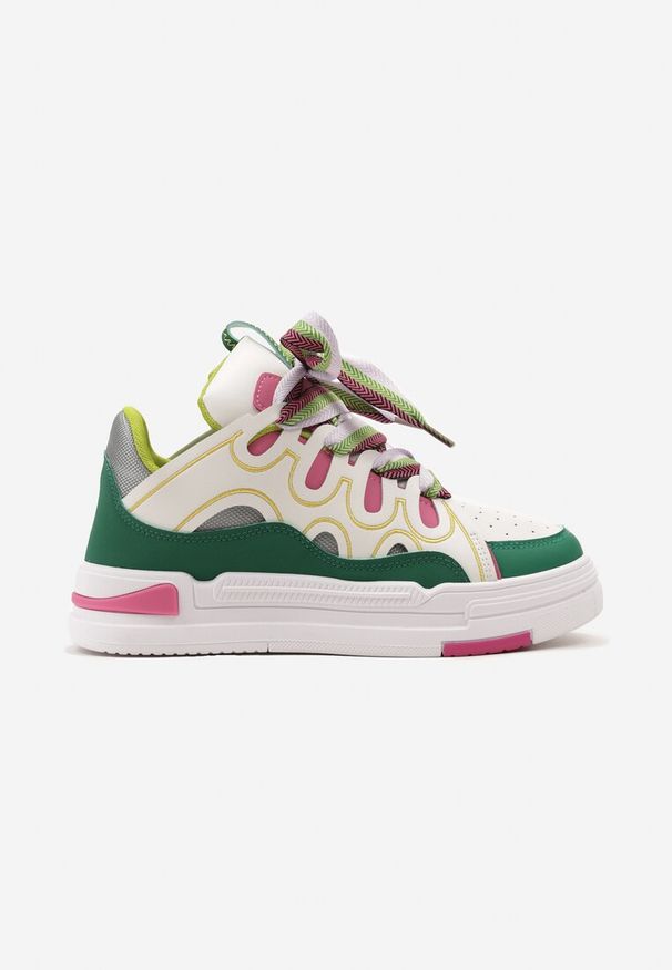 Born2be - Biało-Zielone Sneakersy na Grubej Podeszwie z Ozdobnymi Sznurówkami Theist. Zapięcie: sznurówki. Kolor: biały. Sport: turystyka piesza