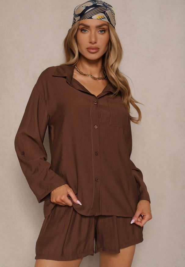 Renee - Brązowy Wiskozowy Komplet Koszula i Szorty Luźne Efrone. Kolor: brązowy. Materiał: wiskoza