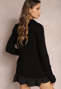 Renee - Czarny Sweter z Dekoltem w Serek i Kołnierzykiem Benioza. Typ kołnierza: dekolt w serek. Kolor: czarny. Materiał: dzianina. Długość rękawa: długi rękaw. Długość: długie. Wzór: aplikacja