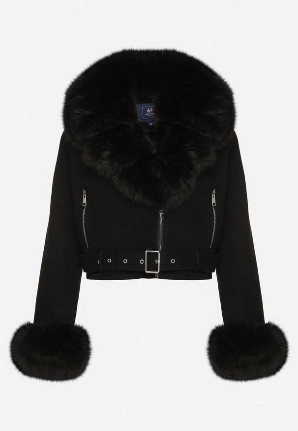 Born2be - Czarna Ocieplana Kurtka Ramoneska z Futrem przy Kołnierzu i Rękawach Mevesala. Kolor: czarny. Materiał: futro. Długość: krótkie