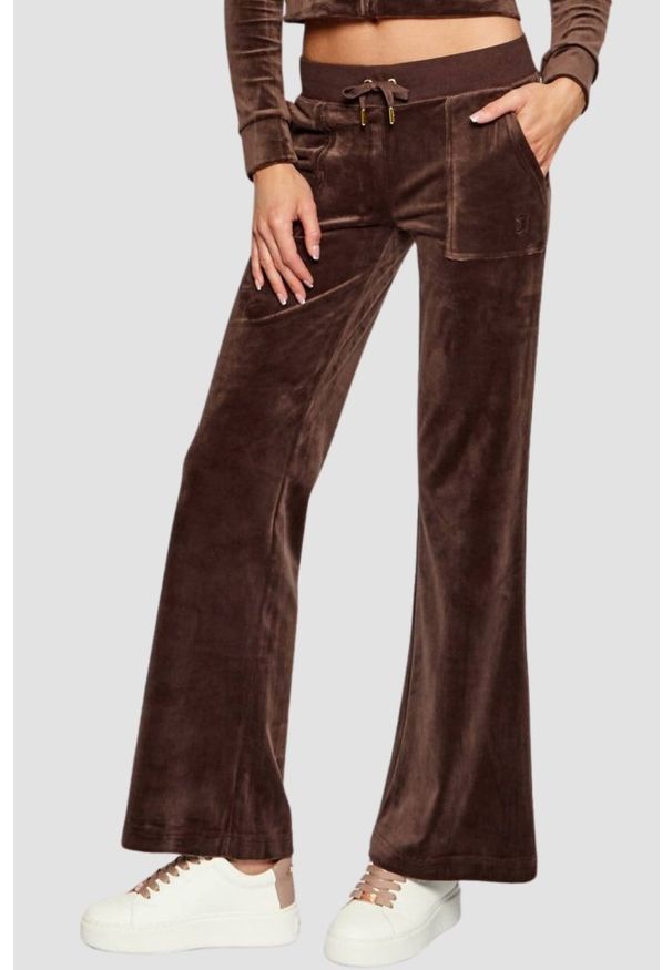 Juicy Couture - JUICY COUTURE Czekoladowe spodnie dresowe damskie Layla Low Rise, Rozmiar XS. Stan: obniżony. Kolor: brązowy. Materiał: dresówka