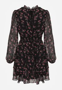 Renee - Czarna Sukienka Rozkloszowana w Kropki i Kwiatowy Print z Falbanami Ediannela. Kolor: czarny. Materiał: poliester. Wzór: nadruk, kwiaty, kropki. Sezon: lato. Styl: elegancki, klasyczny #8