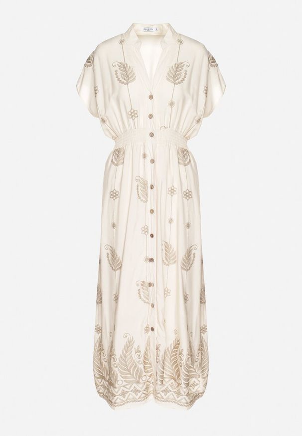 Born2be - Beżowa Koszulowa Sukienka z Bawełną Ozdobiona Metaliczną Nicią Tirlio. Okazja: na spacer, na co dzień. Kolor: beżowy. Materiał: bawełna. Wzór: aplikacja. Typ sukienki: koszulowe. Styl: casual, elegancki, klasyczny