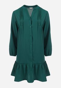 Born2be - Ciemnozielona Koszulowa Sukienka Mini z Falbanką Brindel. Kolor: zielony. Typ sukienki: koszulowe. Długość: mini #6