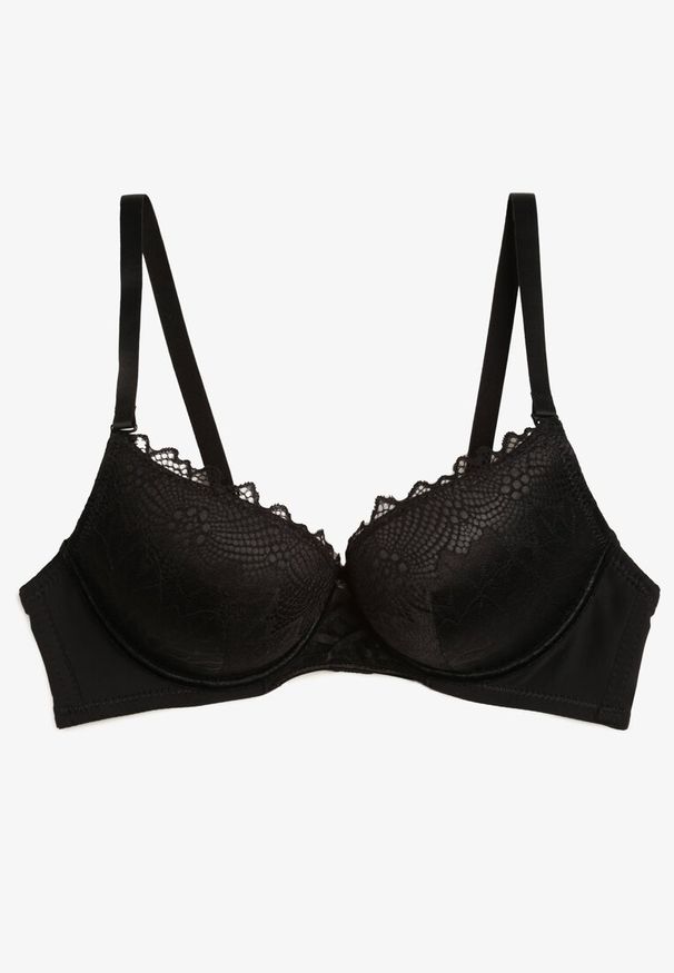 Renee - Czarny Biustonosz Push Up z Ozdobną Koronką i Zawieszką Gialine. Kolor: czarny. Materiał: koronka. Rodzaj stanika: push-up. Wzór: koronka