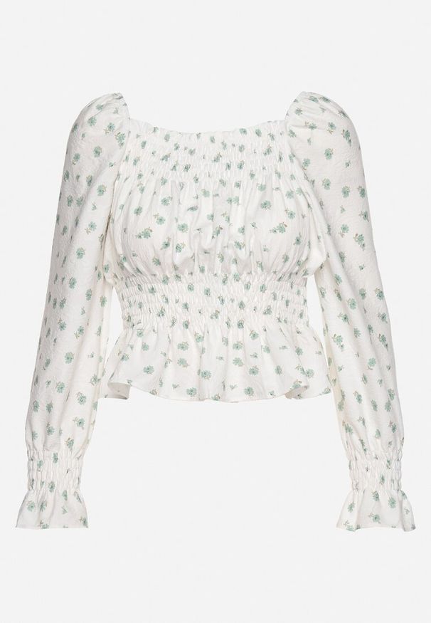Born2be - Biało-Zielona Bluzka w Stylu Boho z Gumkami w Pasie i przy Dekolcie Nerassa. Kolor: biały. Styl: boho