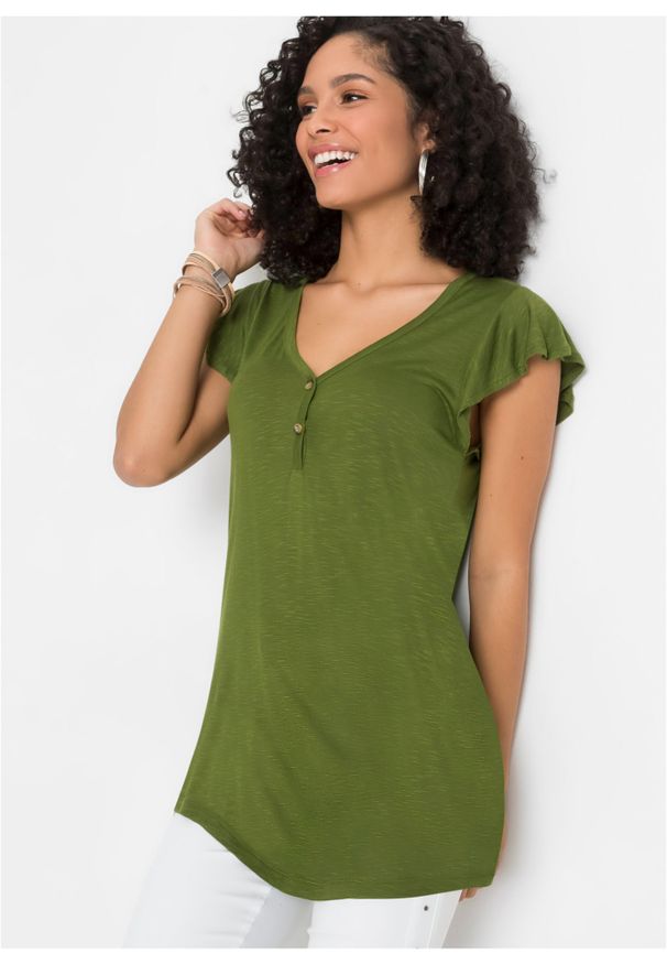 bonprix - Długi shirt z guzikami. Kolor: zielony. Długość: długie. Sezon: lato