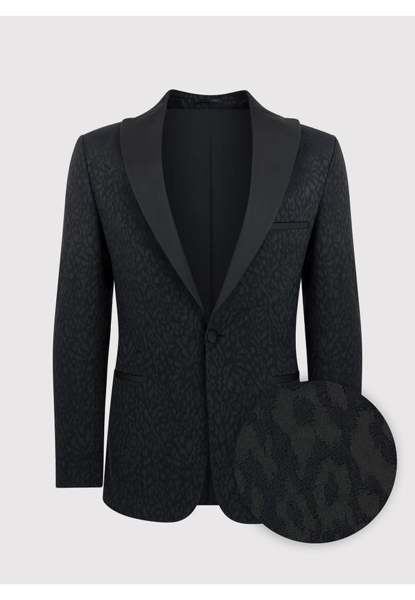 Pako Lorente - PAKO LORENTE – Czarna żakardowa marynarka smokingowa. Okazja: na sylwestra, na wesele, na ślub cywilny, na studniówkę. Kolor: czarny. Materiał: żakard