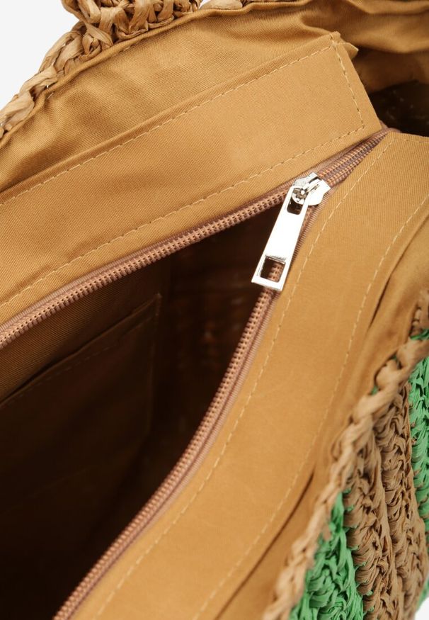 Renee - Zielono-Beżowa Pleciona Torebka z Rączką i Ozdobnym Napisem Rivasina. Kolor: zielony. Wzór: napisy. Sezon: lato. Styl: elegancki, casual