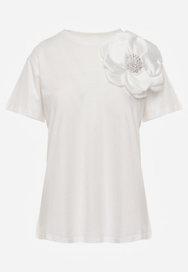Renee - Biały T-shirt Bluzka z Bawełny z Krótkim Rękawem i Aplikacją Kwiatu Dimasa. Okazja: na randkę, na imprezę, na urodziny. Kolor: biały. Materiał: bawełna. Długość rękawa: krótki rękaw. Długość: krótkie. Wzór: aplikacja, kwiaty. Sezon: lato. Styl: klasyczny, elegancki