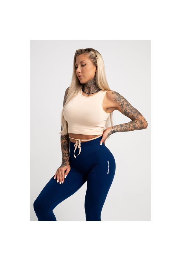 GYM GLAMOUR - Top fitness damski Gym Glamour wiązany. Kolor: beżowy. Sport: fitness