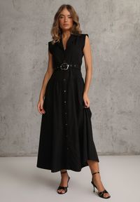 Renee - Czarna Sukienka Koszulowa Bez Rękawów z Paskiem i Metaliczną Klamrą Thespiphia. Okazja: na co dzień. Kolor: czarny. Długość rękawa: bez rękawów. Typ sukienki: koszulowe. Styl: casual, elegancki #2