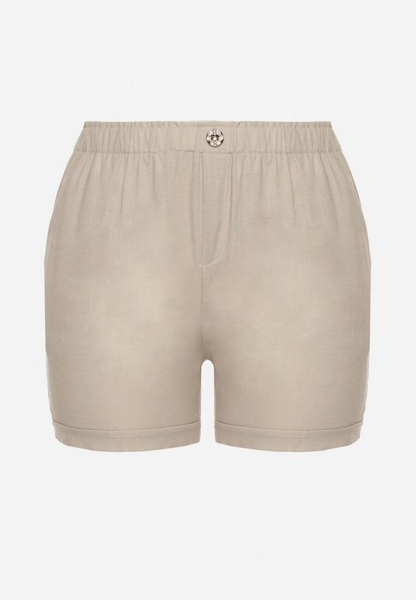 Born2be - Beżowe Casualowe Szorty z Lnem z Gumką w Talii Filowena. Okazja: na co dzień. Kolekcja: plus size. Kolor: beżowy. Materiał: len. Styl: casual