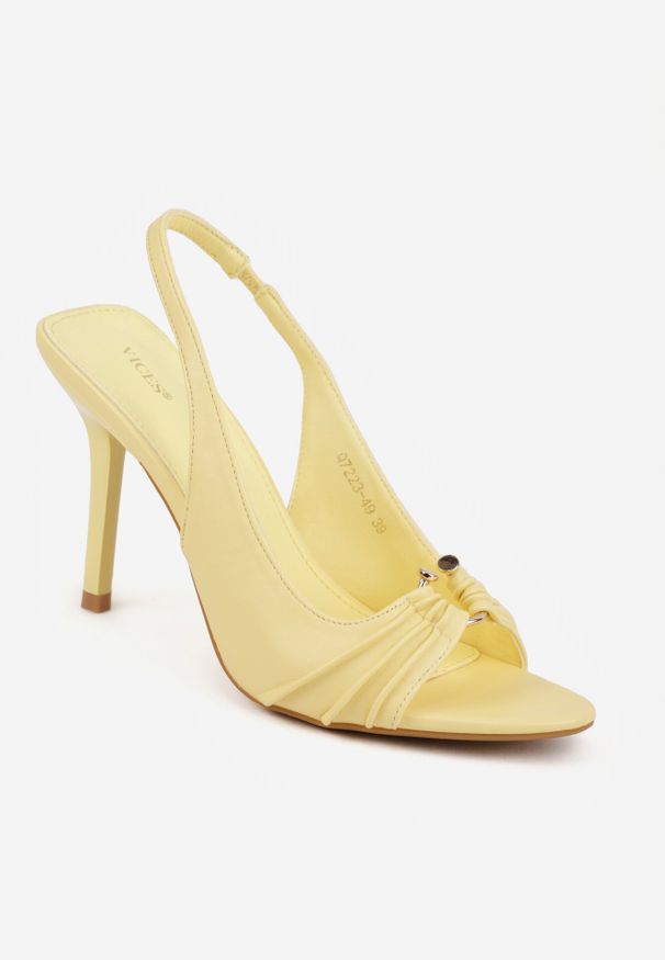 Born2be - Żółte Sandały VICES na Szpilce Ozdobione Marszczeniem i Aplikacją Elinaris. Okazja: na co dzień, do pracy. Kolor: żółty. Wzór: aplikacja. Obcas: na szpilce. Styl: wizytowy, casual, elegancki
