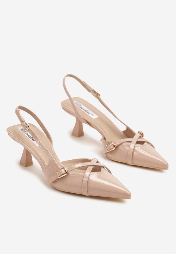 Renee - Beżowe Sandały Slingback na Kaczuszce ze Szpiczastym Noskiem ze Sprzączkami Deyline. Okazja: na co dzień. Nosek buta: szpiczasty. Zapięcie: sprzączka. Kolor: beżowy. Materiał: jeans. Obcas: na szpilce. Styl: elegancki, casual. Wysokość obcasa: średni