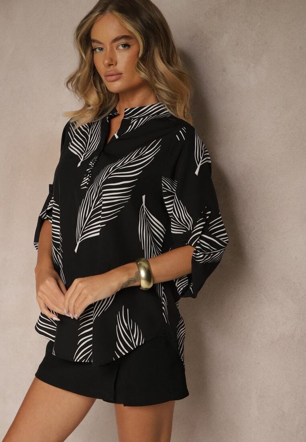 Renee - Czarna Koszula z Bawełną i Motywem Liści Lumireline. Okazja: na co dzień. Kolor: czarny. Materiał: bawełna. Styl: elegancki, casual