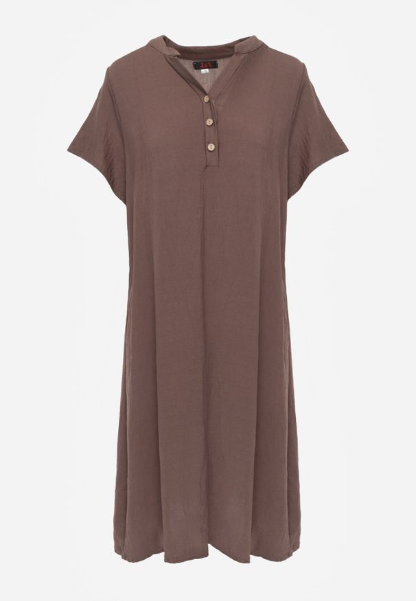 Born2be - Brązowa Wiskozowa Sukienka o Pudełkowym Kroju z Dekoltem V z Guzikami Berborin. Okazja: na co dzień, do pracy. Kolekcja: plus size. Kolor: brązowy. Materiał: wiskoza. Typ sukienki: dla puszystych, proste. Styl: casual, klasyczny