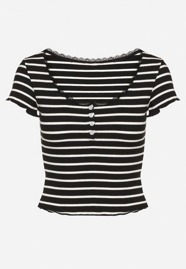 Born2be - Czarny Bawełniany T-shirt w Paski z Koronką i Guzikami Panirea. Okazja: na co dzień. Kolor: czarny. Materiał: bawełna, koronka. Wzór: paski, koronka. Styl: elegancki, casual