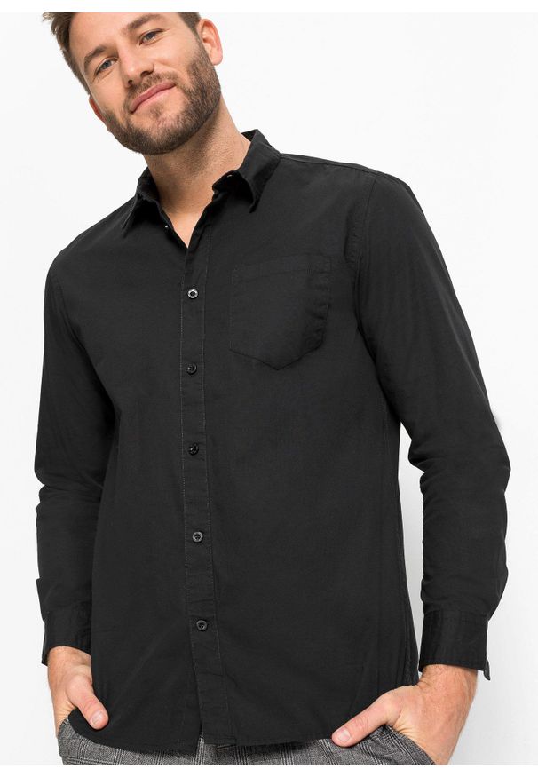 bonprix - Koszula z długim rękawem z czystej bawełny. Kolor: czarny. Materiał: bawełna. Długość rękawa: długi rękaw. Długość: długie. Wzór: gładki