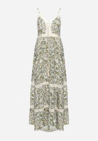 Born2be - Zielono-Beżowa Rozkloszowana Sukienka z Bawełny na Cienkich Ramiączkach z Gumką w Pasie i Haftem Xuretta. Okazja: na spacer, na imprezę. Typ kołnierza: dekolt w kształcie V. Kolor: zielony. Materiał: bawełna. Długość rękawa: na ramiączkach. Wzór: haft. Sezon: lato. Styl: boho #4