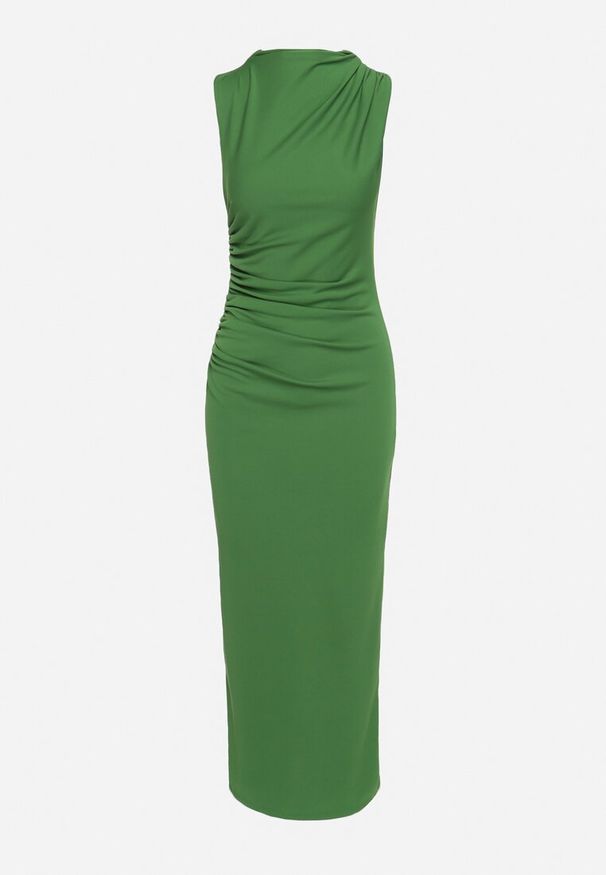 Born2be - Zielona Dopasowana Sukienka Bodycon z Dekoracyjnym Marszczeniem Bez Rękawów Tykena. Okazja: na imprezę. Kolor: zielony. Długość rękawa: bez rękawów. Typ sukienki: bodycon. Styl: wizytowy