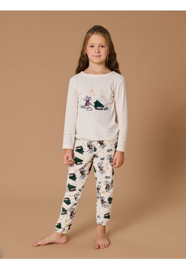 Sinsay - Piżama dwuczęściowa - kremowy. Kolor: kremowy. Materiał: welur, materiał. Długość rękawa: długi rękaw. Długość: długie. Styl: wizytowy