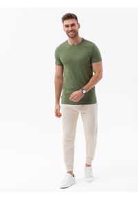 Ombre Clothing - T-shirt męski bawełniany BASIC - khaki V6 S1370 - M. Kolor: brązowy. Materiał: bawełna. Styl: klasyczny