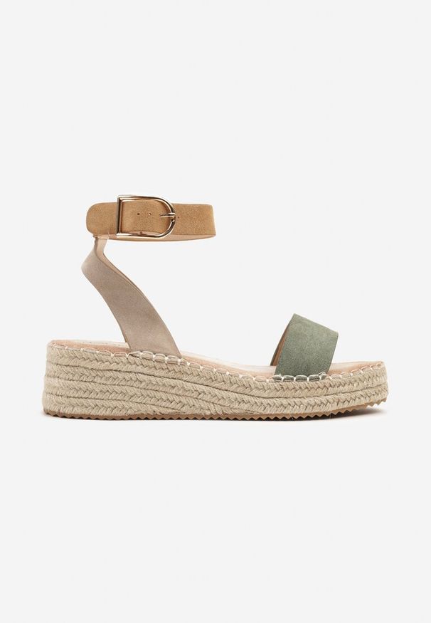 Renee - Zielone Sandały na Plecionej Podeszwie w Stylu Boho Lurienna. Nosek buta: otwarty. Zapięcie: sprzączka. Kolor: zielony. Sezon: lato. Obcas: na koturnie. Styl: boho. Wysokość obcasa: średni