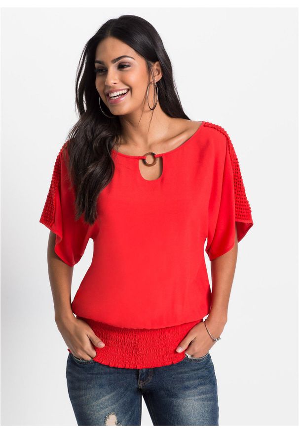 bonprix - Bluzka z czystej wiskozy. Kolor: czerwony. Materiał: wiskoza, koronka. Długość rękawa: krótki rękaw. Długość: krótkie. Wzór: koronka