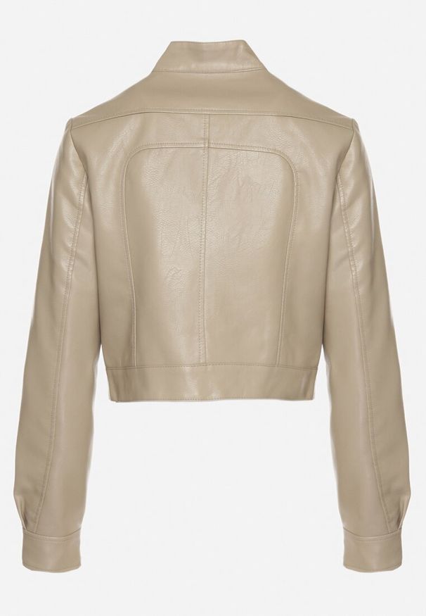 Born2be - Ciemnobeżowa Kurtka Ramoneska w Motocyklowym Stylu z Klamerką Terlia. Okazja: na co dzień. Kolor: beżowy. Materiał: poliester, jeans. Styl: casual, klasyczny