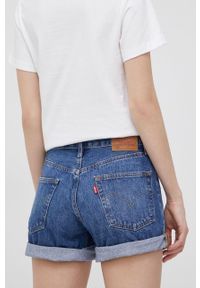 Levi's® - Levi's szorty jeansowe bawełniane damskie gładkie high waist. Okazja: na spotkanie biznesowe, na co dzień. Stan: podwyższony. Kolor: niebieski. Materiał: bawełna, jeans. Wzór: gładki. Styl: casual, biznesowy
