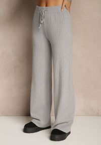 Renee - Szary Komplet z Prążkowanej Dzianiny Spodnie Wide Leg i Sweter ze Stójką Feniria. Kolor: szary. Materiał: dzianina, prążkowany #5