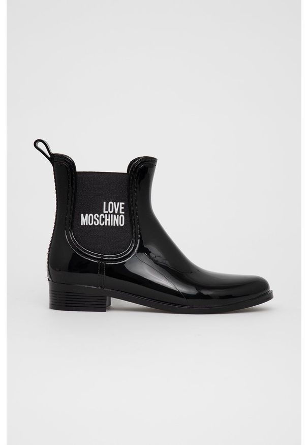 Love Moschino Kalosze damskie kolor czarny. Nosek buta: okrągły. Kolor: czarny. Materiał: materiał, guma. Wzór: gładki