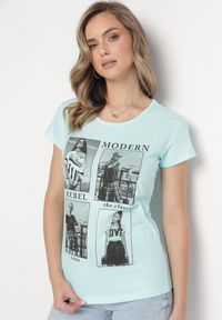 Born2be - Miętowy Bawełniany T-shirt z Nadrukiem i Brokatem Kruita. Kolor: miętowy. Materiał: bawełna. Długość rękawa: krótki rękaw. Długość: krótkie. Wzór: nadruk #3