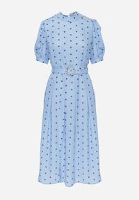 Born2be - Niebieska Sukienka Midi z Gumką w Talii i Materiałowym Paskiem z Klamrą Maerali. Okazja: na wesele, na ślub cywilny, na imprezę. Typ kołnierza: kołnierzyk stójkowy. Kolor: niebieski. Materiał: materiał. Wzór: grochy. Typ sukienki: rozkloszowane. Styl: elegancki. Długość: midi #8