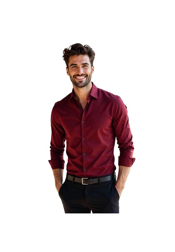 Modini - Bordowa gładka koszula z granatowymi guzikami A52. Kolor: czerwony, niebieski, wielokolorowy. Materiał: poliester, bawełna, tkanina. Długość: długie. Wzór: gładki